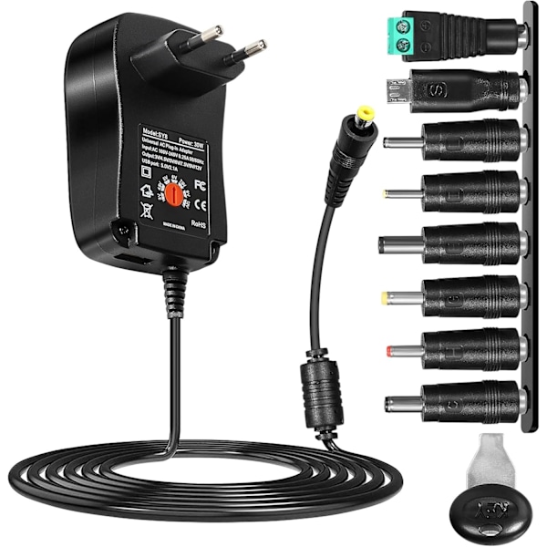 Universal Strömadapter, 30W Justerbar Universal Strömadapter AC till DC 12V 9V 7.5V 6V 5V 4.5V 3V Multi-Spännings Strömadapter, för Hushålls Elektro