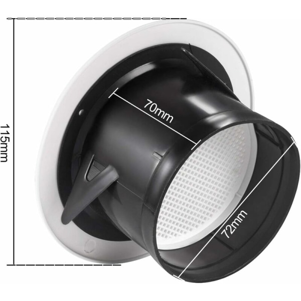 75mm ventilationsgaller med skyddsgaller - ABS (ø75mm)