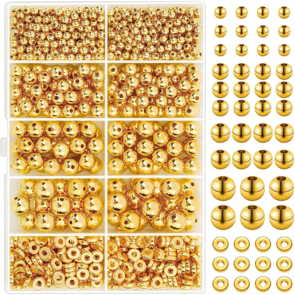 1250 bitar guld distanspärlor för smyckestillverkning, guld rund pärla