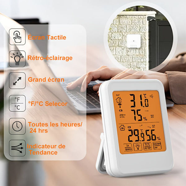 Termometer Hygrometer med utomhussensorer, bakgrundsbelysning och stor LCD-skärm