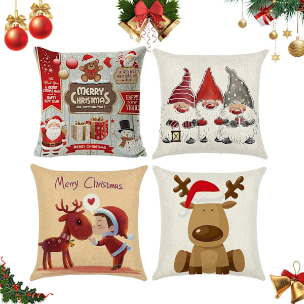 Set of 4 Christmas Cushion Covers - Linen Home Decor 45x45 cm