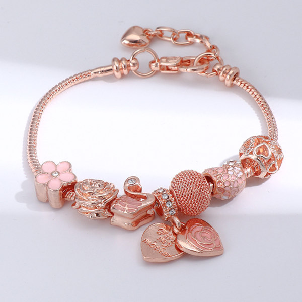 Flower Charm Bracelet Rose Gold Rhinestone Crystal Flower Heart C