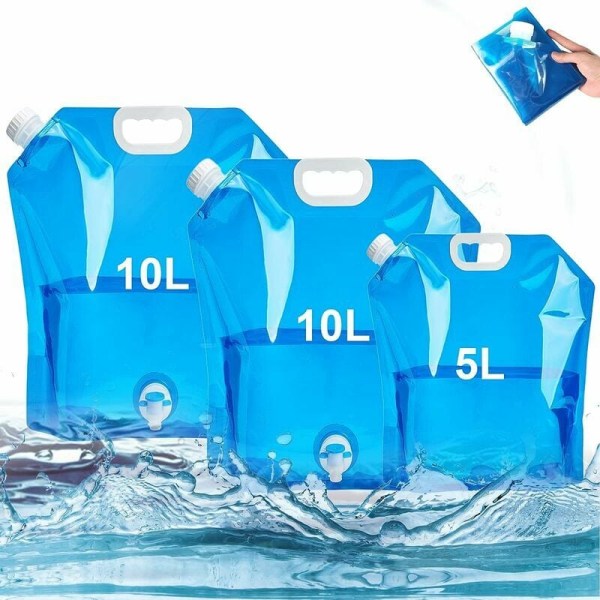 3-pack hopfällbar vattenbehållare med kran 2 x 10L + 1 x 5L Bärbar dricksvattenbehållare BPA-fri hopfällbar vattenbehållare för camping BBQ picknick utomhusresor (blå)