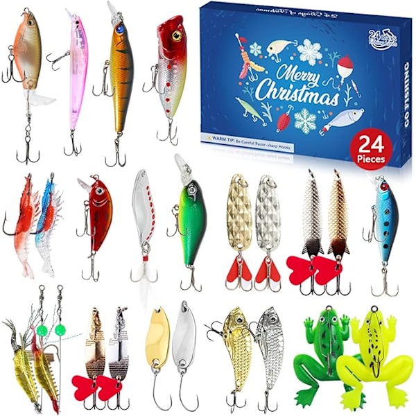 Fiske-Adventskalender 2024 Fiskeagn for Voksne Menn og Tenåringer, 24 Dagers Juletelling Takkelsett, Julegave til Far, Bestefar, Bror eller Gutt