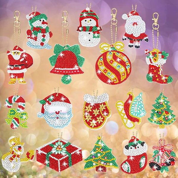 17 Stykker Dobbeltsidige Julediamanter Ornamenter Diamantmaleri Nøkkelringer DIY 5d Maleri Rund Bor Nøkkelring Julekrystall Rhinestone