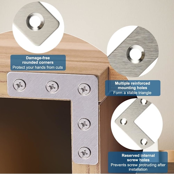 10 stk. Flade Beslag L-Formet Vinkelbeslag Flade Metalforbindelser + 50 Skruer Rustfrit Stål Hjørneforbindelser Flade Beslag 80*80*15mm til Fastgørelse af Møbler