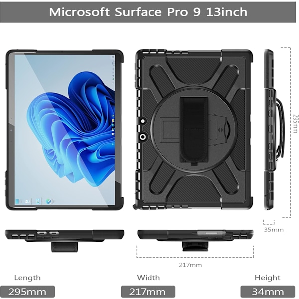 Gerutek Etui for Microsoft Surface Pro 10/Pro 9 (2024/2022), Heavy Duty Cover med roterende stativ og håndstropp, installerbart tastatur, støtsikkert Pr