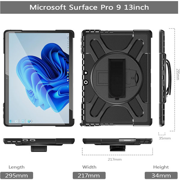 Gerutek Skal kompatibelt med Microsoft Surface Pro 10/Pro 9 (2024/2022), Kraftigt skydd med roterande stativ och handrem, installerbart tangentbord, stötsäkert