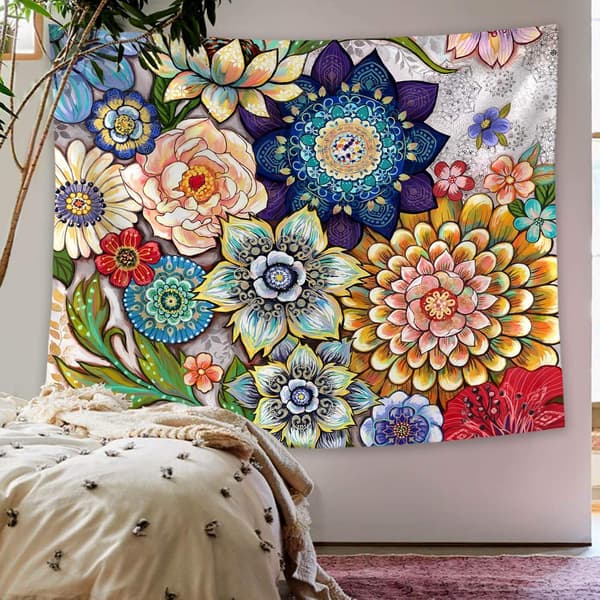 Färgglad blommig gobeläng väggbonad, ljus boho tyg blomma tapetserier