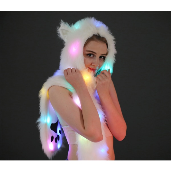 Dam LED Light Up Faux Fur Animal Ears Huva Hatt med Scarf Festi