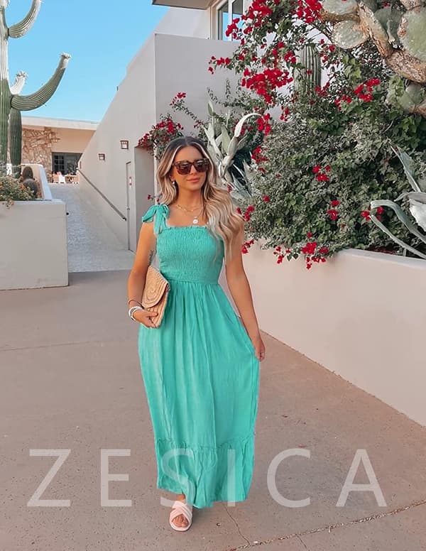 Kvinde Sommer Boho Spaghetti Stropper Firkant Hals Solid Plisseret A-Linje Strand