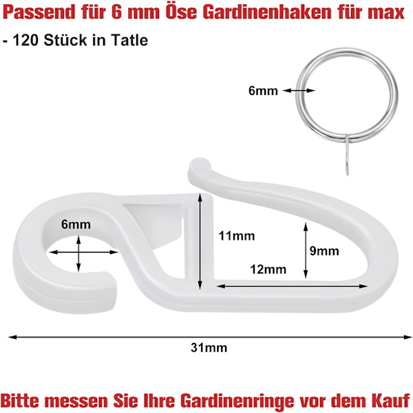 100 st vita plastgardinkrokar, vita plasthakar, dörrgardin och duschdraperi