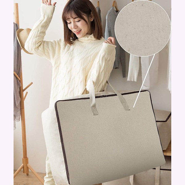 Pakke, pustende myk bomullslerret oppbevaringspose med håndtak, (Beige, 60*45*22cm)