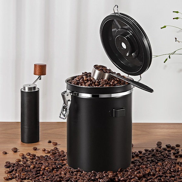 Rustfrit Stål Lufttæt Kaffebeholder, 1,8L Lufttæt Opbevaringsbeholder med Datohjul og Gratis Måleske til Kaffe Bønner, Te, Nødder