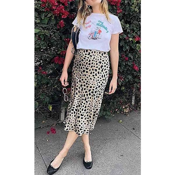 Leopard skjørt for kvinner, midi-lengde, høyt liv, silkesatin, elastisk gepardskjørt XL