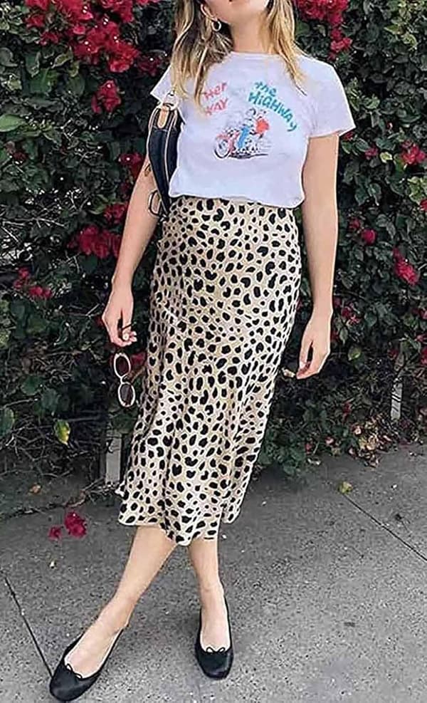 Leopardkjol för kvinnor, midilängd, hög midja, siden, satin, elastisk, gepard