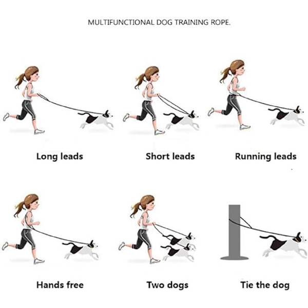 Multifunktionellt hundkoppel i rep 7,5 fot med justerbar dubbel svängbar krok handsfree för små, medelstora och stora hundar som springer och vandrar (färgglad regnbåge)