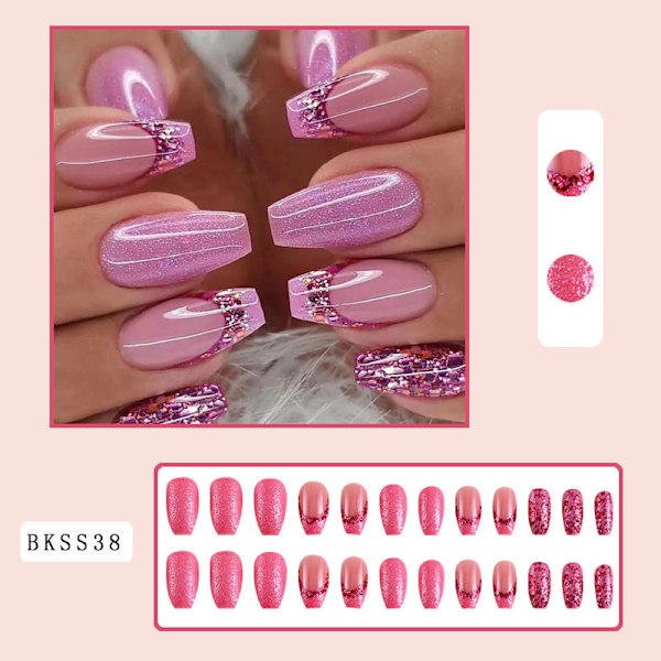 Franske spiss trykk på negler mellomstore firkantede falske negler blanke rosa akryl