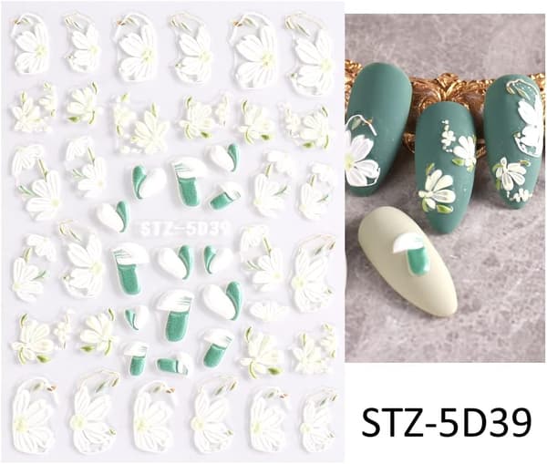 5D Präglade Vårblommor Nagelkonst Dekaler 3 Ark