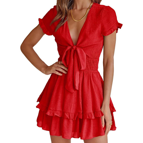 Kvinnors Sommar Flowy Miniklänning Tie Front V-hals Korta Ärmar Plisserad Lager