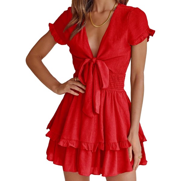 Women's Summer Flowy Mini Dress Tie Front V-hals Kortermet plissert lag