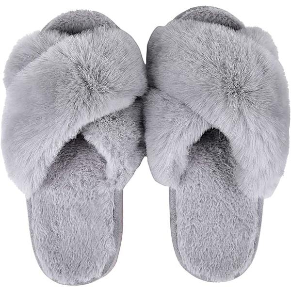Kvinder Bløde Plys Letvægts Hjemmesko Fuzzy Krydsbånd Slip on Open