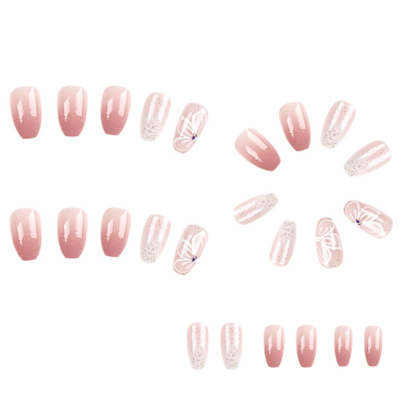 Medium Square Fake Nails Butterfly False Nails Pink Gradient Acry