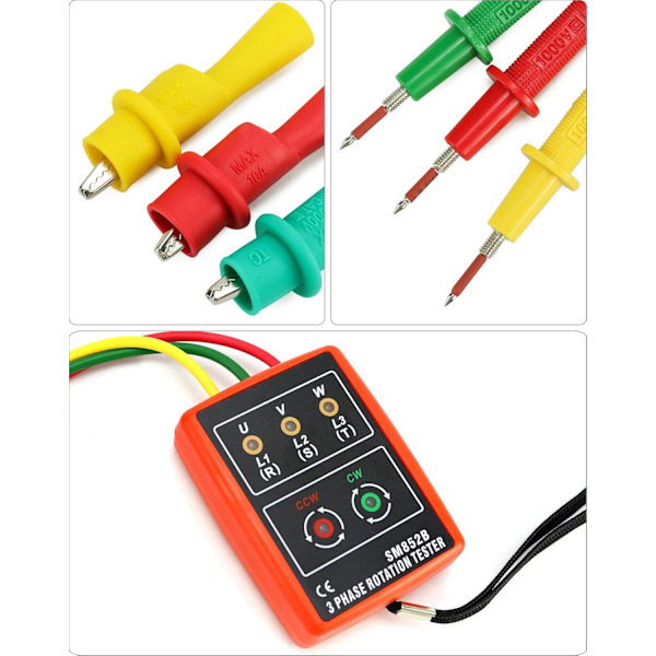 Fasefølge Tester, 60V~600V AC, 20-400 Hz, med Summer Tester og Krokodilleklemmer