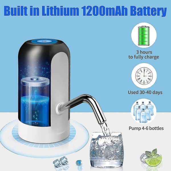 Vannflaskepumpe 5 gallon vanndispenser, bærbar elektrisk vannpumpe, USB-lading, automatisk drikkevannpumpe for camping