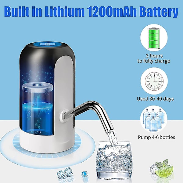 Vattenflaskpump 5 gallon vattendispenser, bärbar elektrisk vattenpump, USB-laddning, automatisk dricksvattenpump för camping