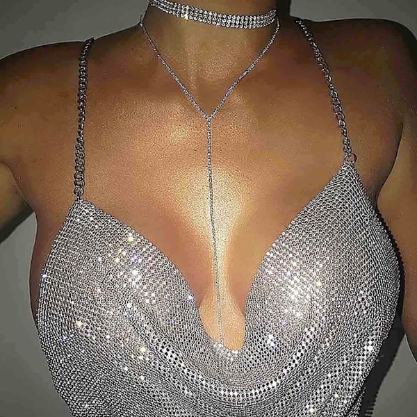 Rhinestone-rintaliivi bikinit ketju hopea kristalli rintaketju valjaat B