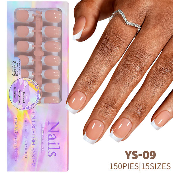 Franska tipp gelnaglar, 150 st bruna korta kistgelnaglar, franska tipp press on naglar, 3 i 1 X-coat tippar för applicerad tipp primer & baslack
