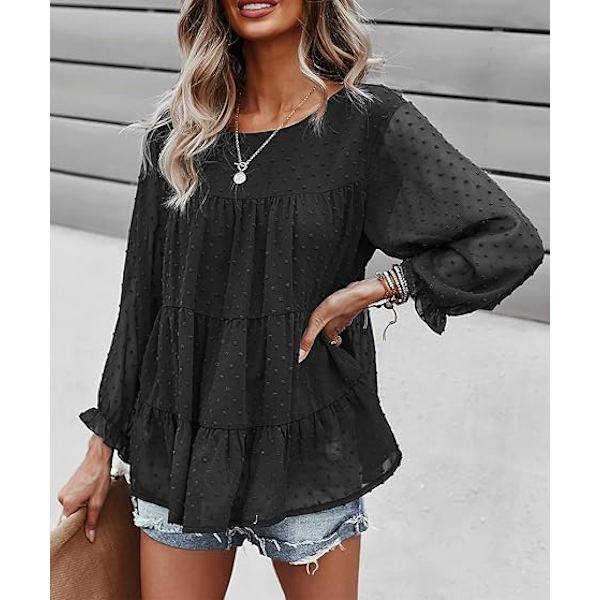 Dam sommar lös chiffong blus mesh långärmad casual rund hals peplum