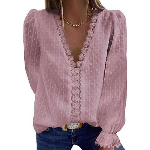Kvinners Sexy Blonder Heklet V-hals Puff Lang Arm Bluser Casual Sveitsisk Prikk