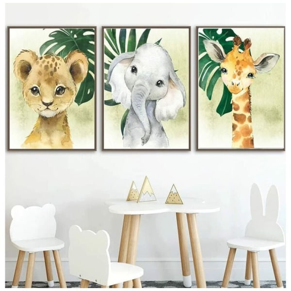 3 plakat Dyresafari Jungle Giraf Løve Elefant Palmetræ Vægkunst 30x4