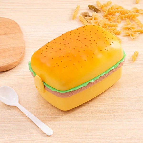 3-vånings lunchlåda med sked för barn, söt hamburger plast Bento Box mat