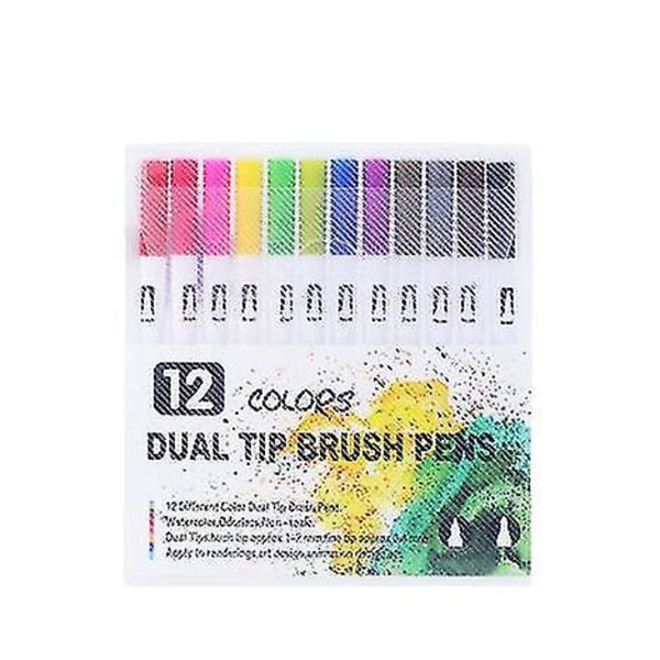 12 farver dobbeltbørste kunstmarkører, fine kuglepenne og pensler, akvareller