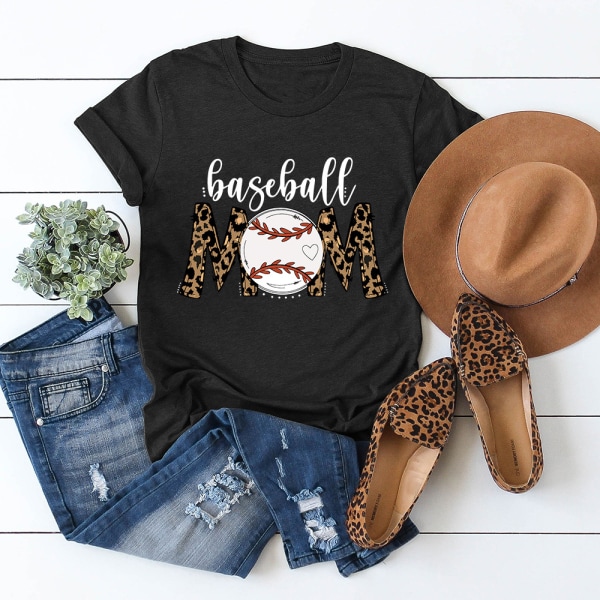 Baseball MOM Leopard Baseball Print Fashion Casual Rund Hals Dam T-shirt