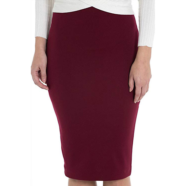 Kvinners elastisk midje stretch bodycon midi blyantskjørt vinrød L