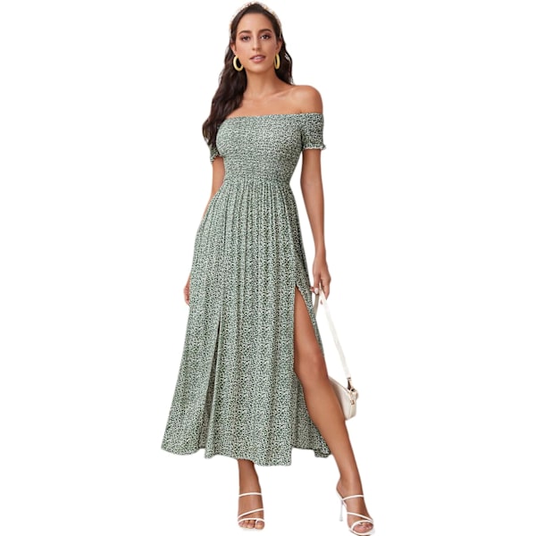 Kvinde Bohemian Blomster Print Off Shoulder Slidset Lang A-Linje Kjole，XL