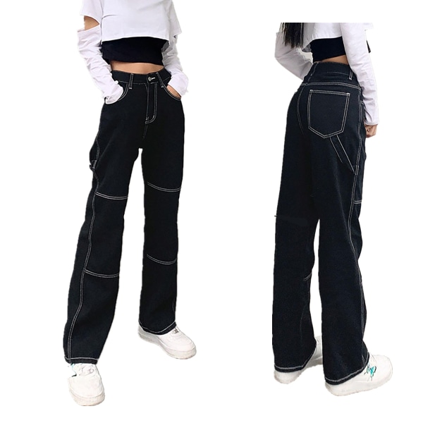 Damejeans, sorte højtaljede baggy jeans til kvinder med lige brede ben