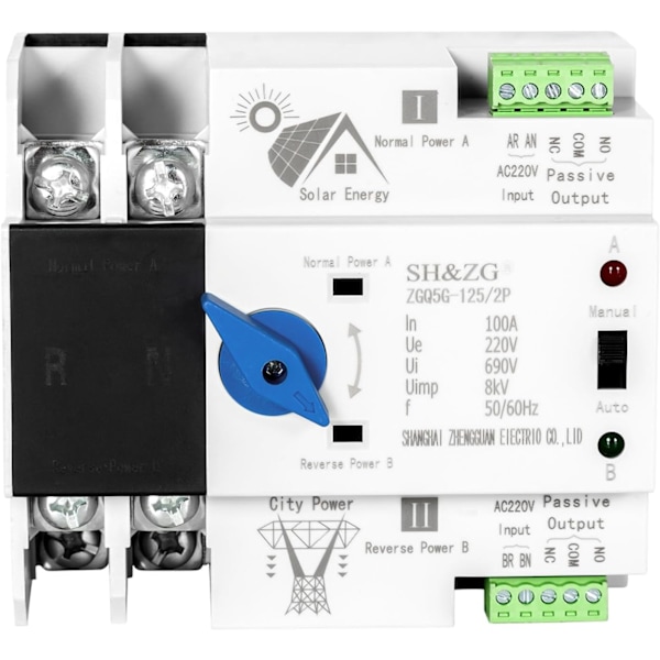 Automatisk Overgangskontakt, 220V 2P 100A Dobbelt Strøm Automatisk Overgangskontakt Fotovoltaisk Uafbrudt Elektrisk Overgangskontakt (ZGQ5G-100A/2P)