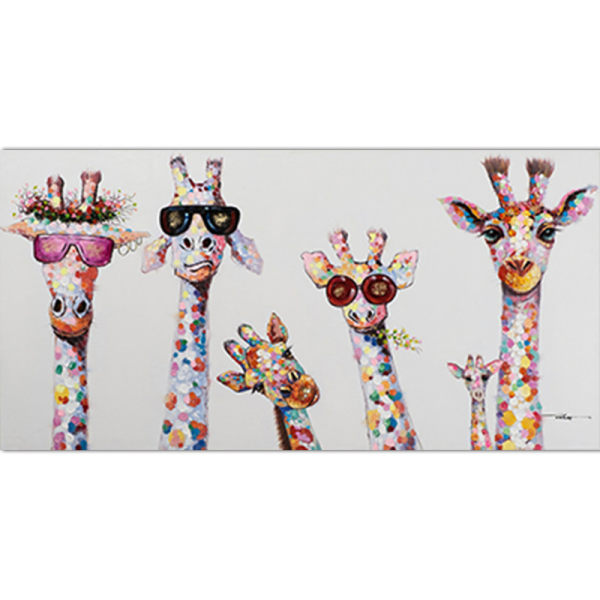 Dekorativt lærredsbillede, farverig girafdyrefamilie, 30x60 cm