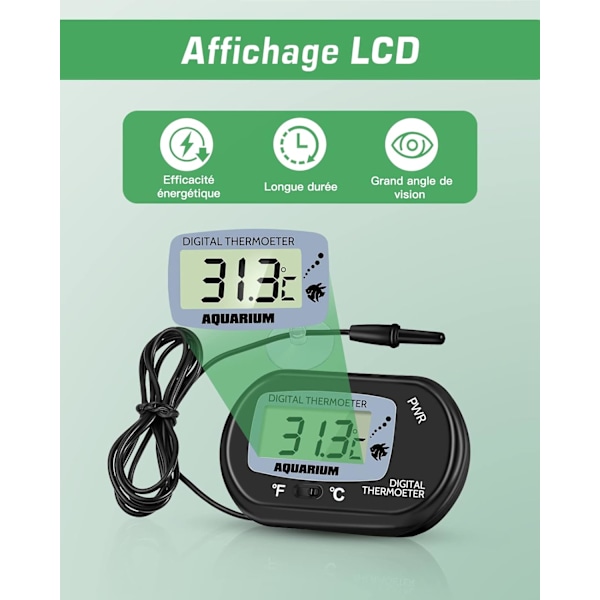 Akvarie Termometer - LCD Digital Akvarie Termometer med Sugeskål og Nedsenkningsprobe for Akvarium, Terrarium