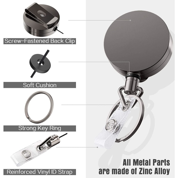 Tungt uttrekkbart merkeholderhjul, metall ID-merkeholder med belteklips nøkkelring for navnekort nøkkelring 2-pakning