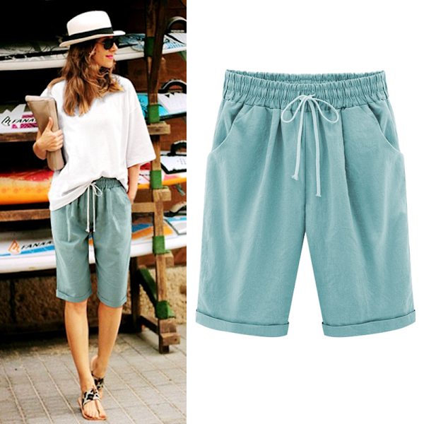 Damshorts i bomull med spets och elastisk midja, lös passform, XL, LJUSBLÅ