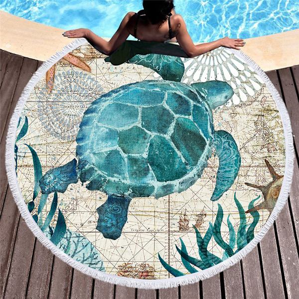 Mikrokuituinen pyöreä rantapyyhe, yhteensopiva rantapeitto, kylpypyyhe, joogamatto, retkipeitto, piknikpeitto, 150*150cm (Turtle Blue)