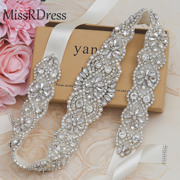 Brudbälte Hand Rhinestone Bröllop Bälte Clear Crystal 22\" Lång Vit Organ