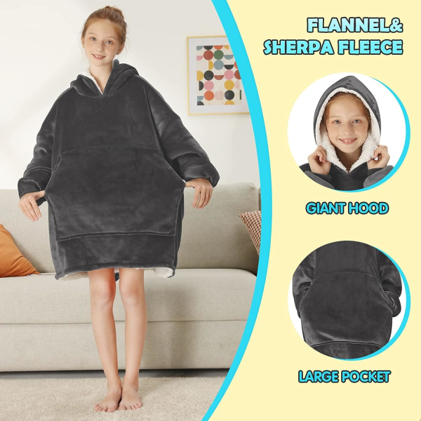 Bärbar filt tröja barn, överdimensionerad filt hoodie med sherpa för