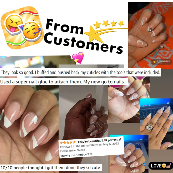 Mid-Length Almond Press Nail Design, Nude White Striped Acrylic Nail Press, Artificial Glue on Ladies' Nails, Nail Decoration Nail Art stripe